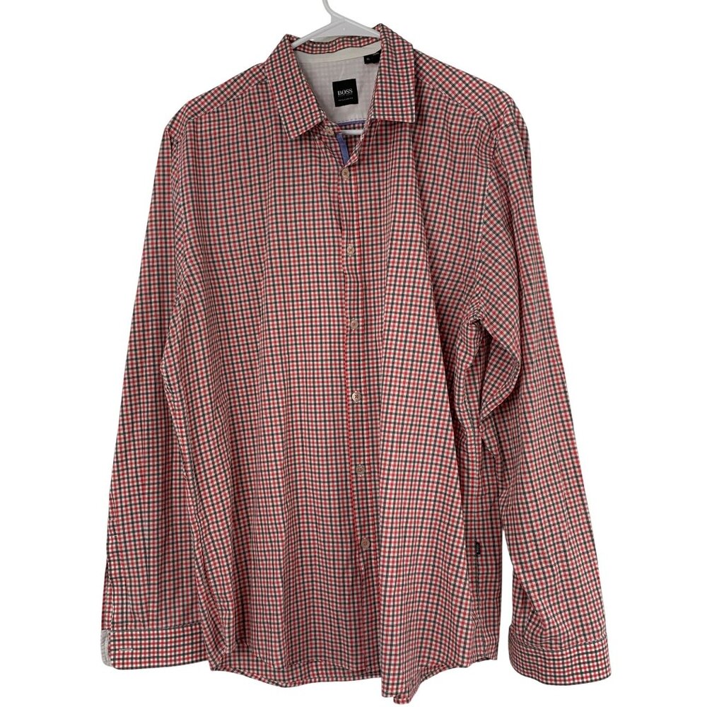 Boss Hugo Boss Mens Red Check Button-Up Long-Sleeve Shirt XL Lightweight